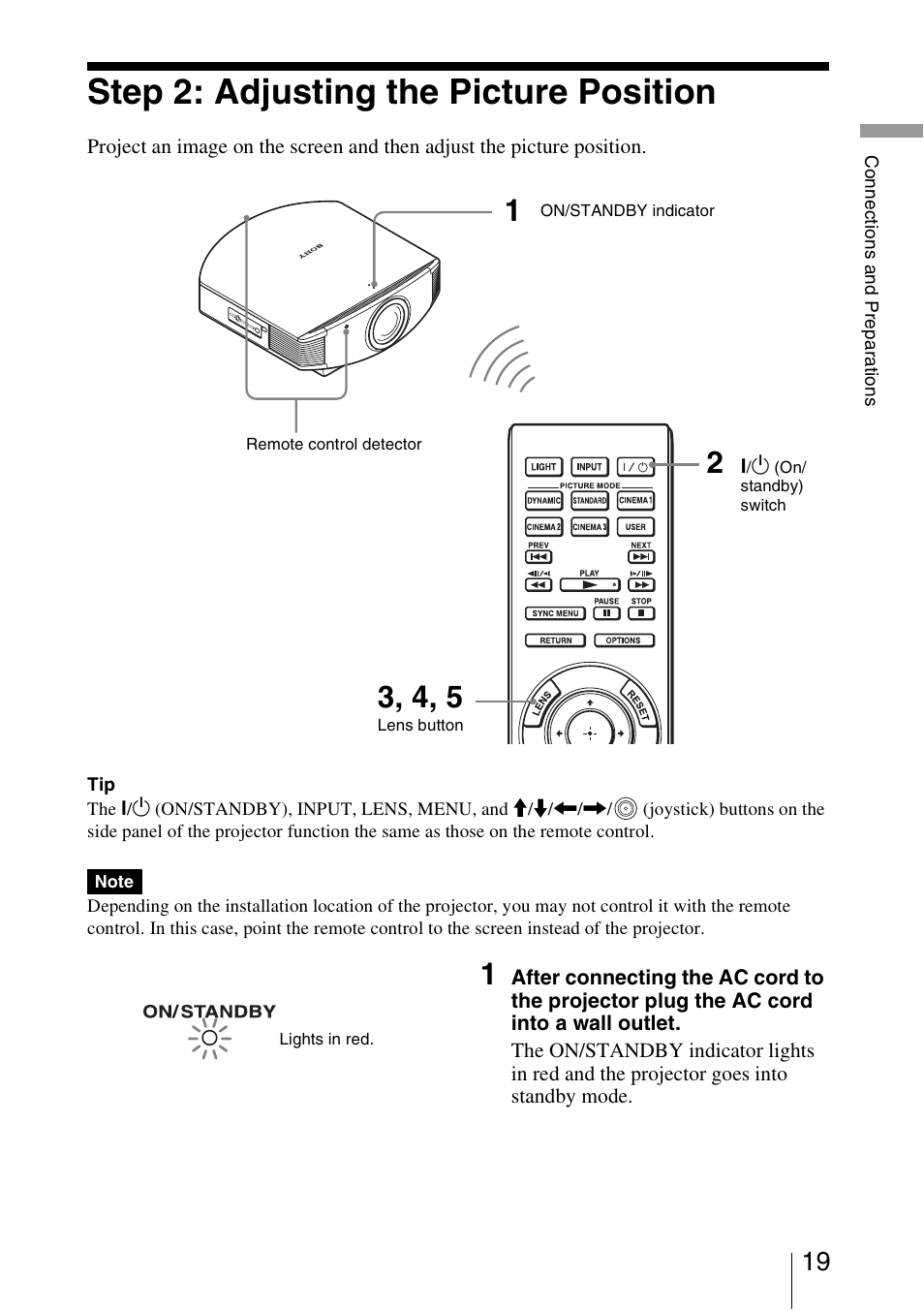 Step 2: adjusting the picture position | Sony Video Projector VPL-VW90ES User Manual | Page 19 / 100