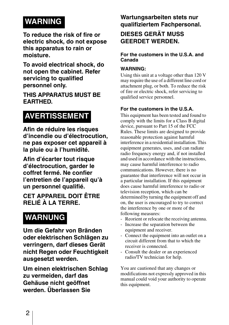 Warning avertissement warnung | Sony Video Projector VPL-VW90ES User Manual | Page 2 / 100