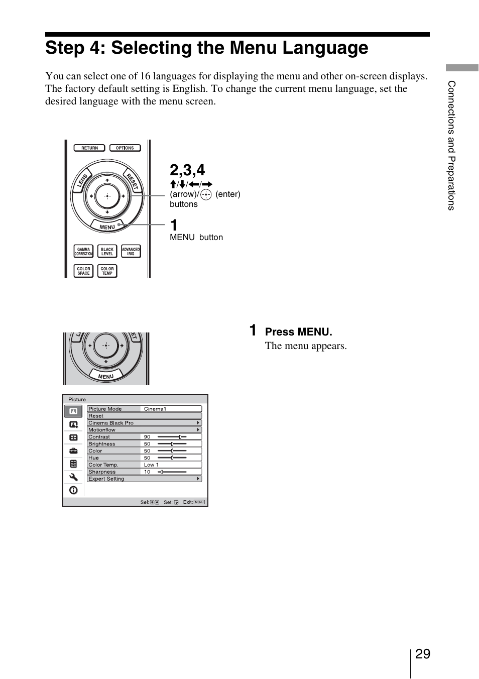 Step 4: selecting the menu language | Sony Video Projector VPL-VW90ES User Manual | Page 29 / 100