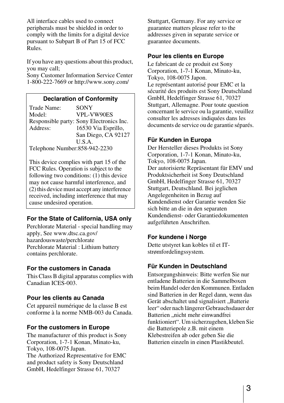 Sony Video Projector VPL-VW90ES User Manual | Page 3 / 100