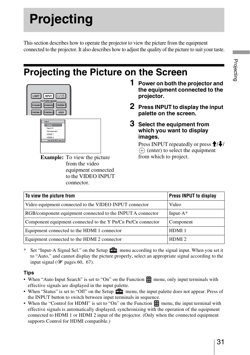 Projecting, Projecting the picture on the screen | Sony Video Projector VPL-VW90ES User Manual | Page 31 / 100