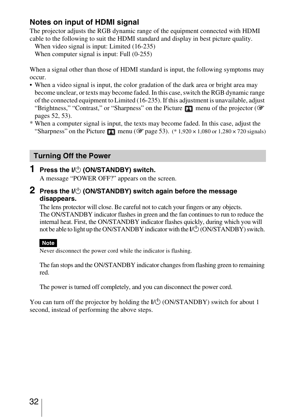 Turning off the power | Sony Video Projector VPL-VW90ES User Manual | Page 32 / 100