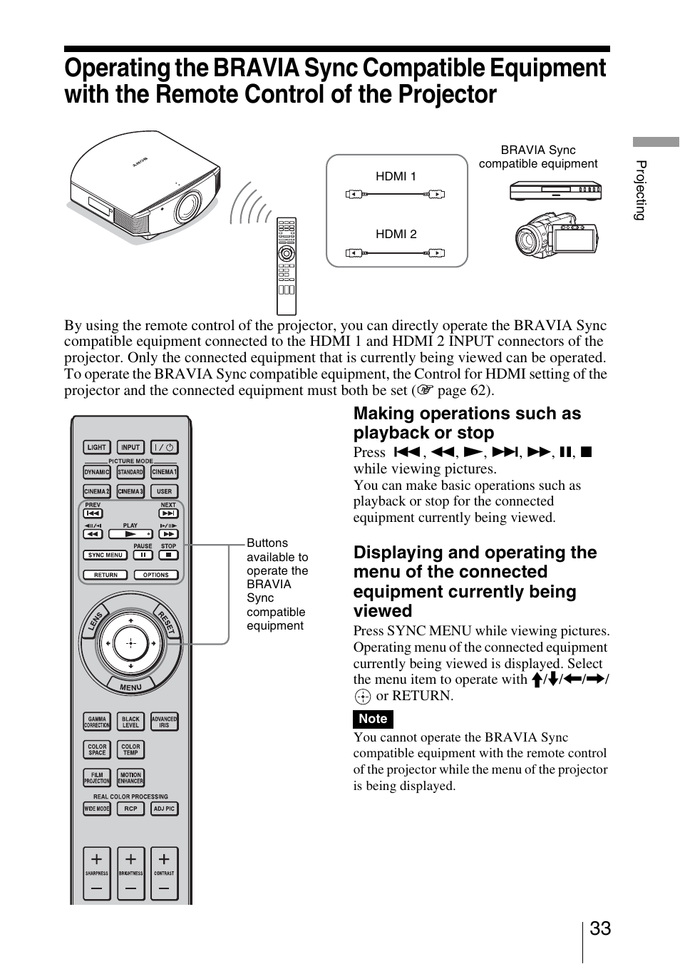 Making operations such as playback or stop | Sony Video Projector VPL-VW90ES User Manual | Page 33 / 100