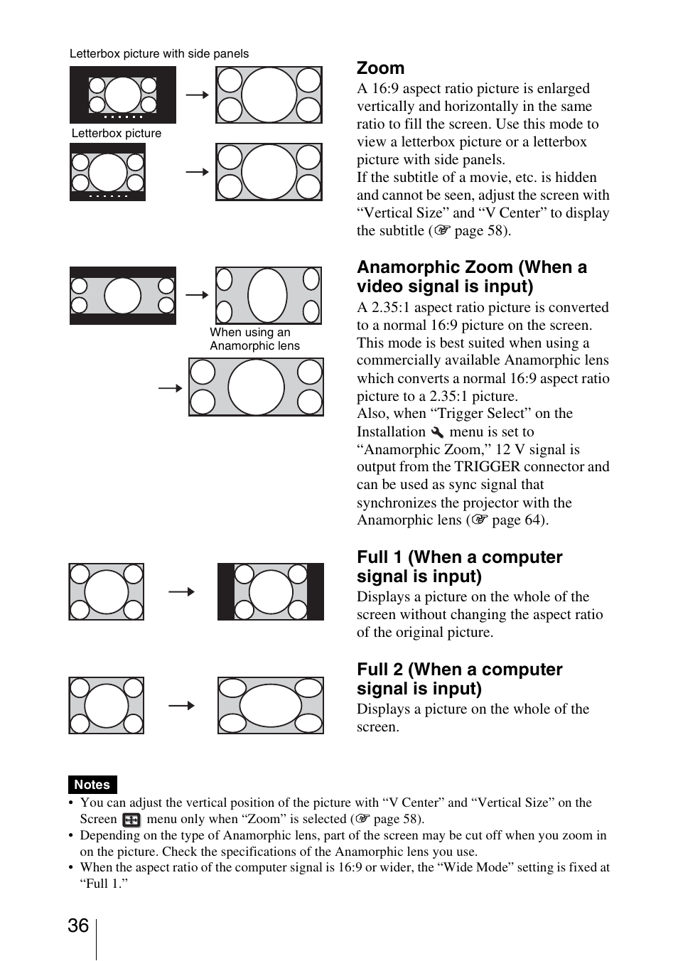 Zoom, Anamorphic zoom (when a video signal is input), Full 1 (when a computer signal is input) | Full 2 (when a computer signal is input) | Sony Video Projector VPL-VW90ES User Manual | Page 36 / 100