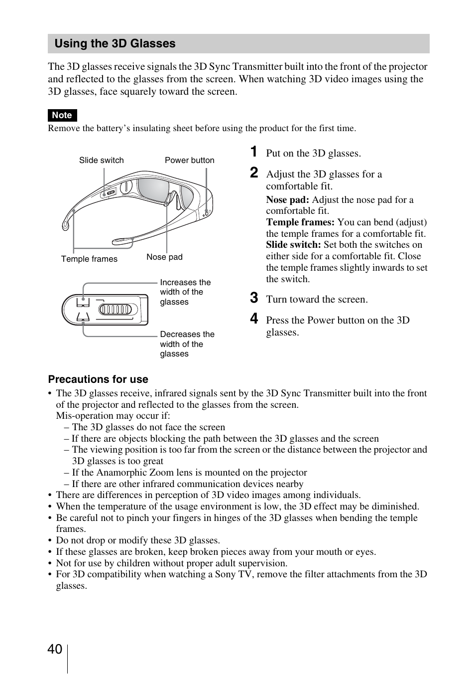 Using the 3d glasses, See “using the 3d glasses | Sony Video Projector VPL-VW90ES User Manual | Page 40 / 100