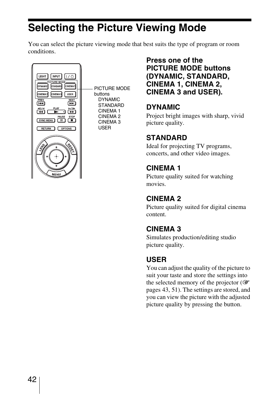 Selecting the picture viewing mode | Sony Video Projector VPL-VW90ES User Manual | Page 42 / 100