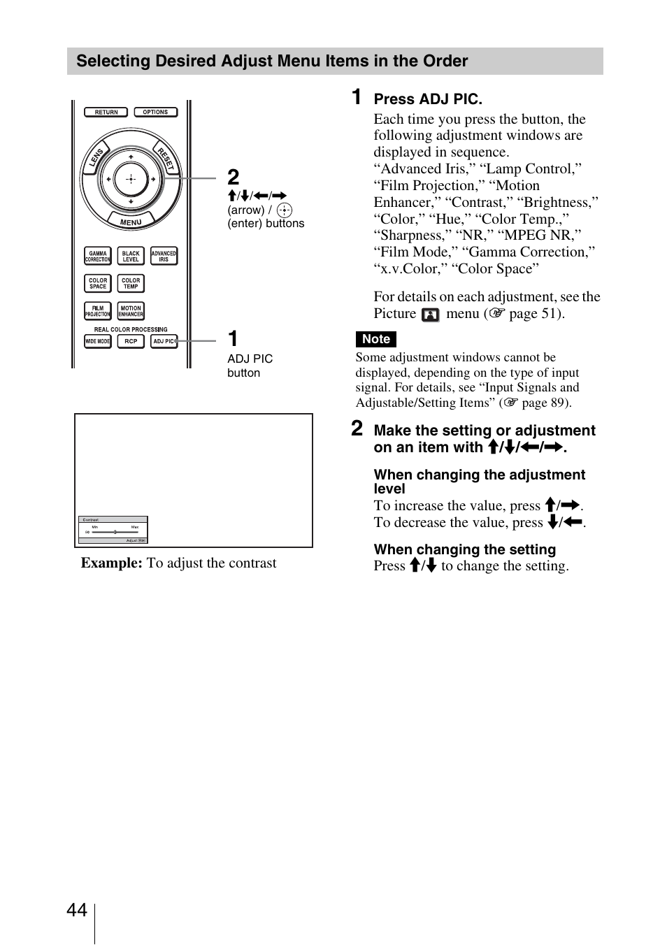 Selecting desired adjust menu items in the order | Sony Video Projector VPL-VW90ES User Manual | Page 44 / 100