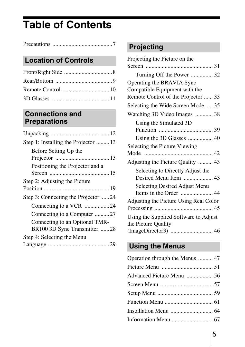 Sony Video Projector VPL-VW90ES User Manual | Page 5 / 100