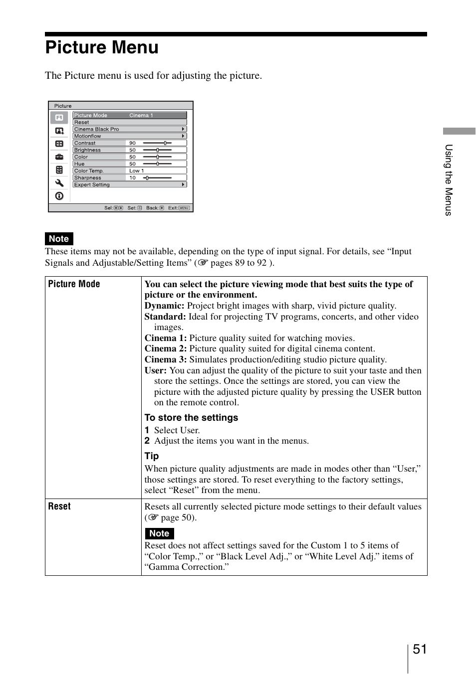 Picture menu | Sony Video Projector VPL-VW90ES User Manual | Page 51 / 100