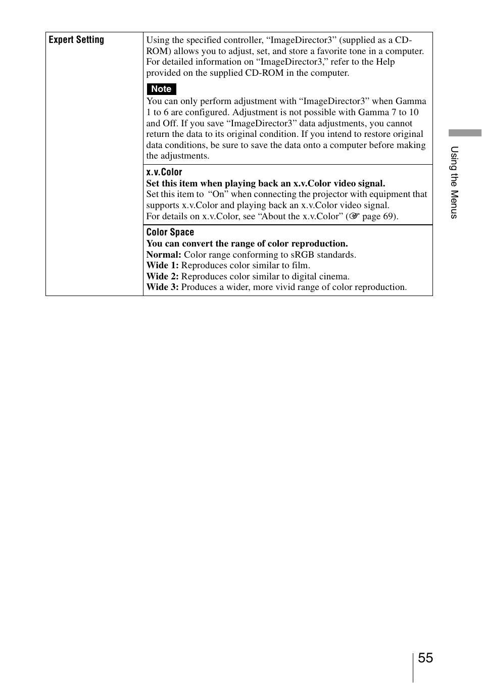 Sony Video Projector VPL-VW90ES User Manual | Page 55 / 100