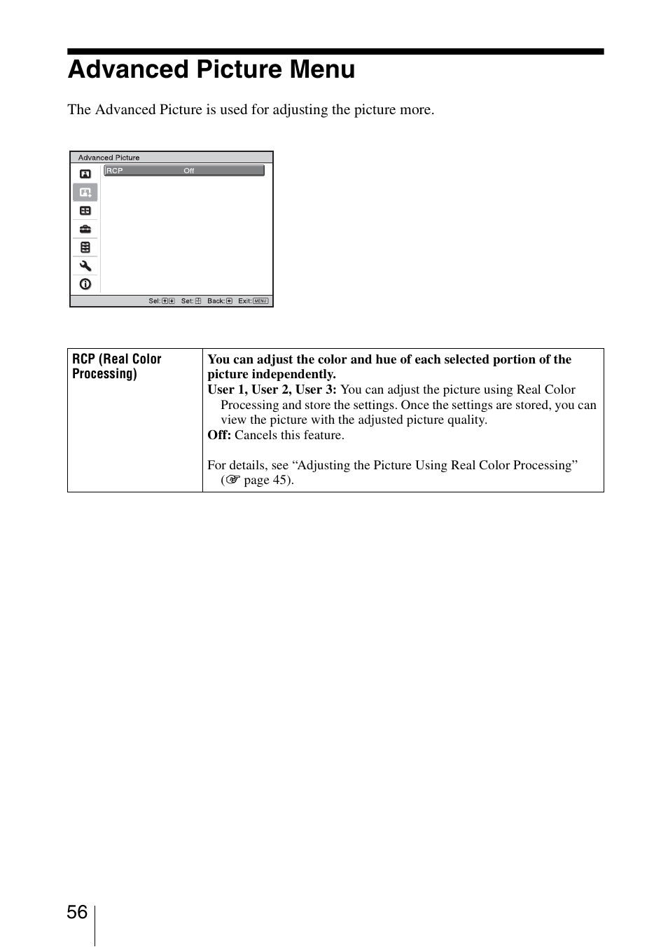 Advanced picture menu | Sony Video Projector VPL-VW90ES User Manual | Page 56 / 100