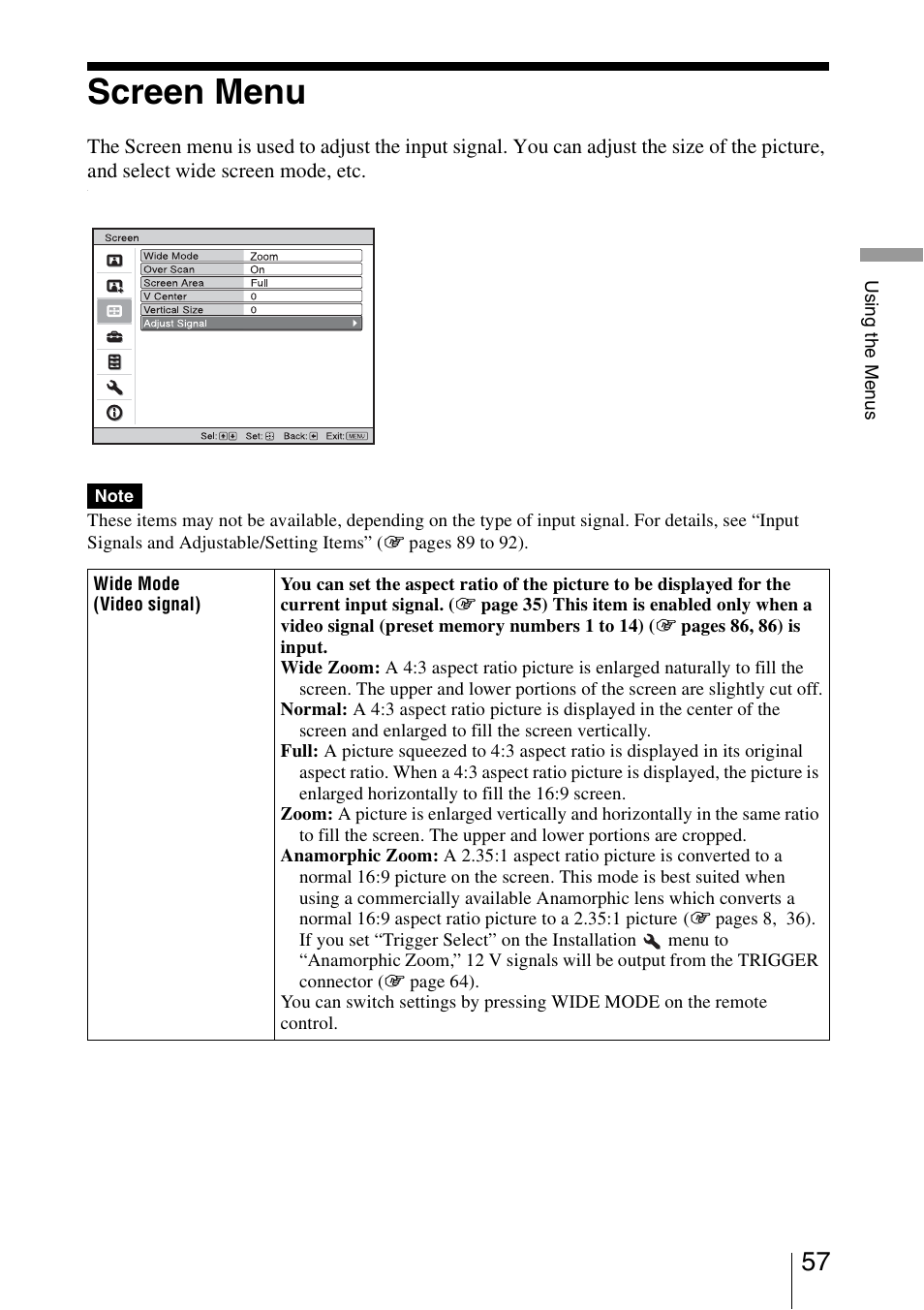 Screen menu | Sony Video Projector VPL-VW90ES User Manual | Page 57 / 100