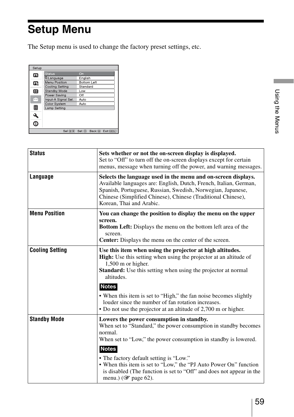 Setup menu | Sony Video Projector VPL-VW90ES User Manual | Page 59 / 100