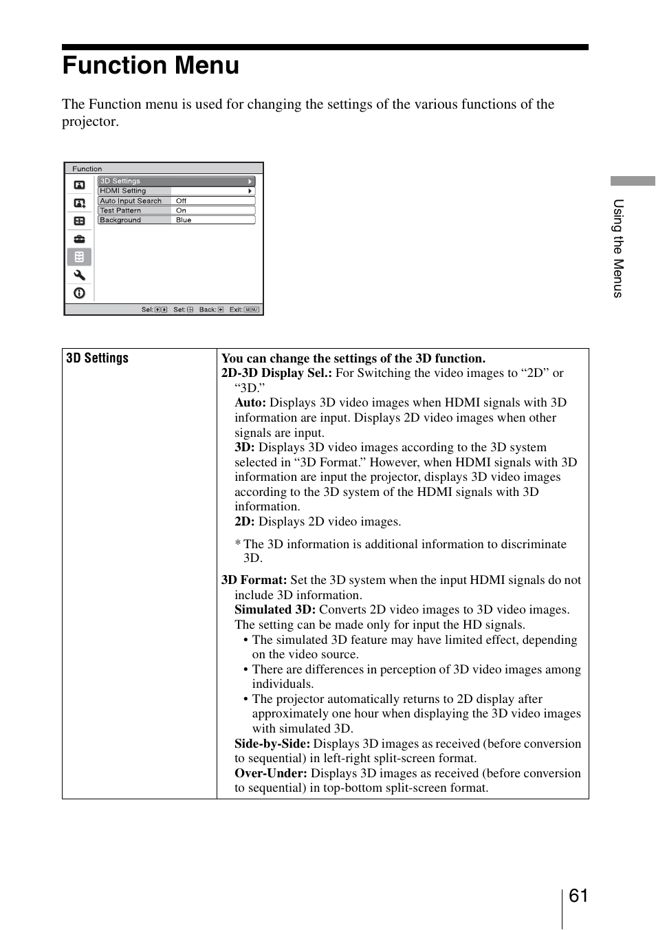 Function menu | Sony Video Projector VPL-VW90ES User Manual | Page 61 / 100