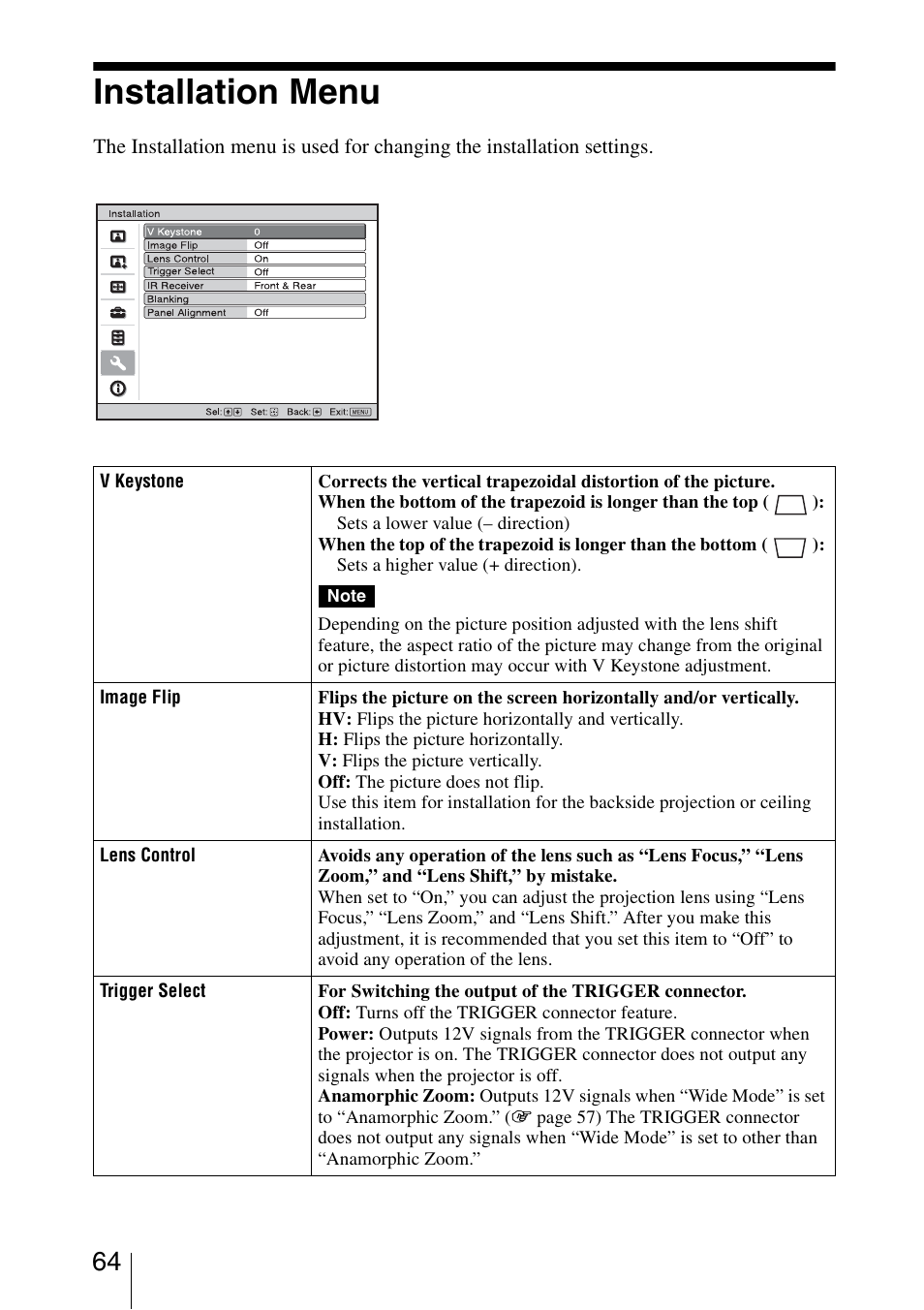 Installation menu | Sony Video Projector VPL-VW90ES User Manual | Page 64 / 100