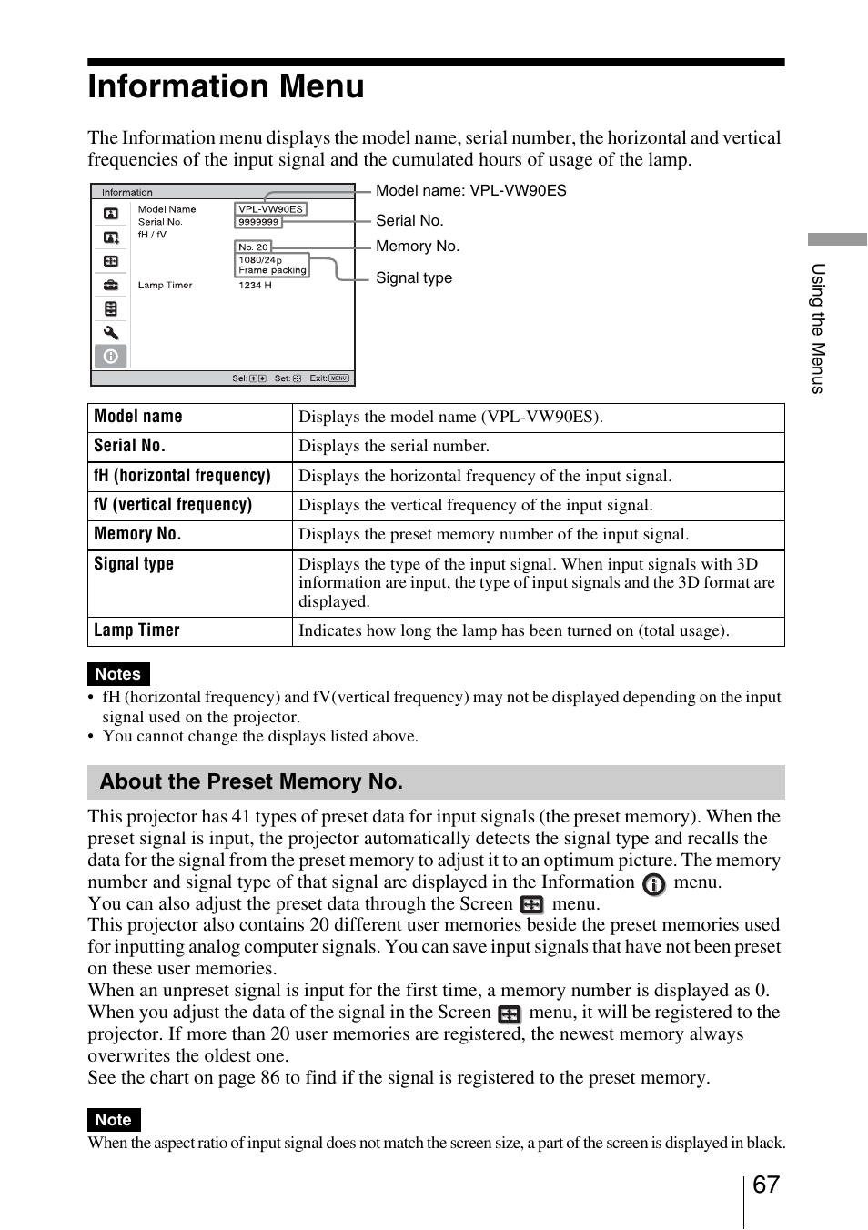 Information menu, About the preset memory no | Sony Video Projector VPL-VW90ES User Manual | Page 67 / 100