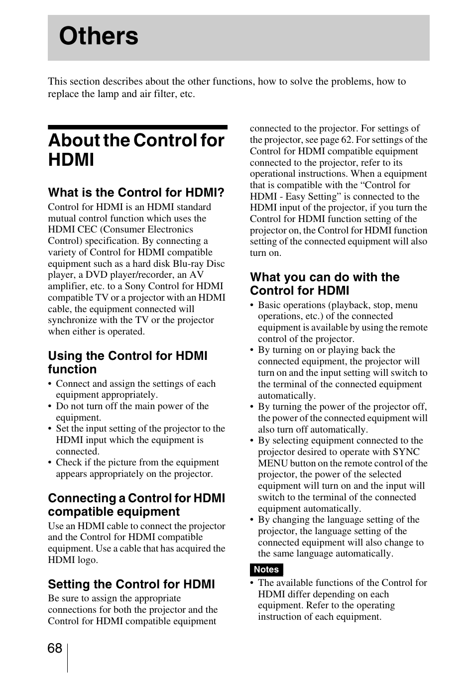 Others, About the control for hdmi | Sony Video Projector VPL-VW90ES User Manual | Page 68 / 100