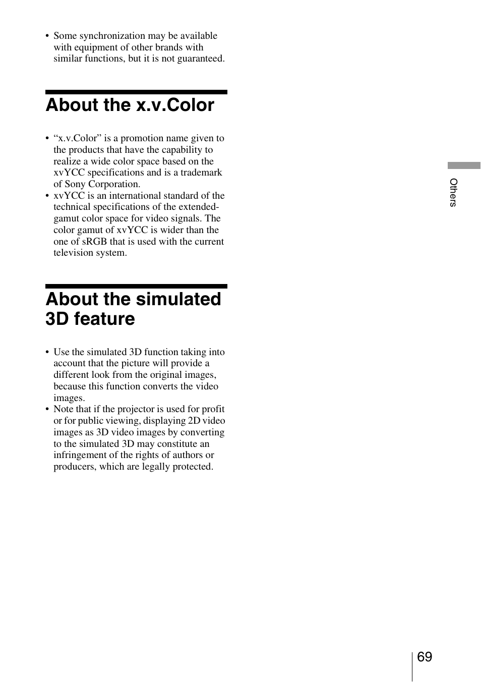 About the x.v.color, About the simulated 3d feature | Sony Video Projector VPL-VW90ES User Manual | Page 69 / 100