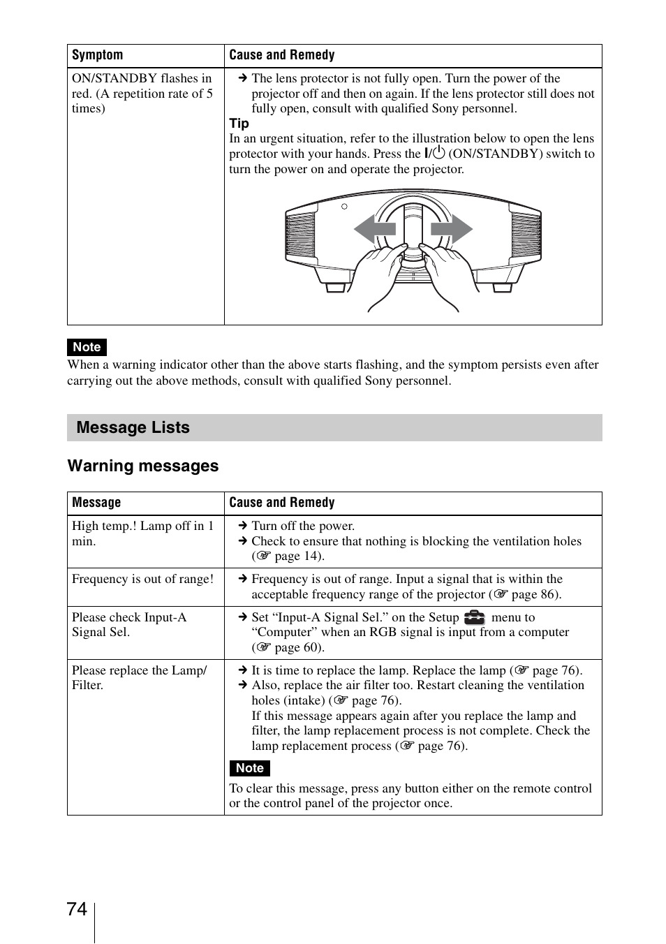 Message lists, Warning messages | Sony Video Projector VPL-VW90ES User Manual | Page 74 / 100