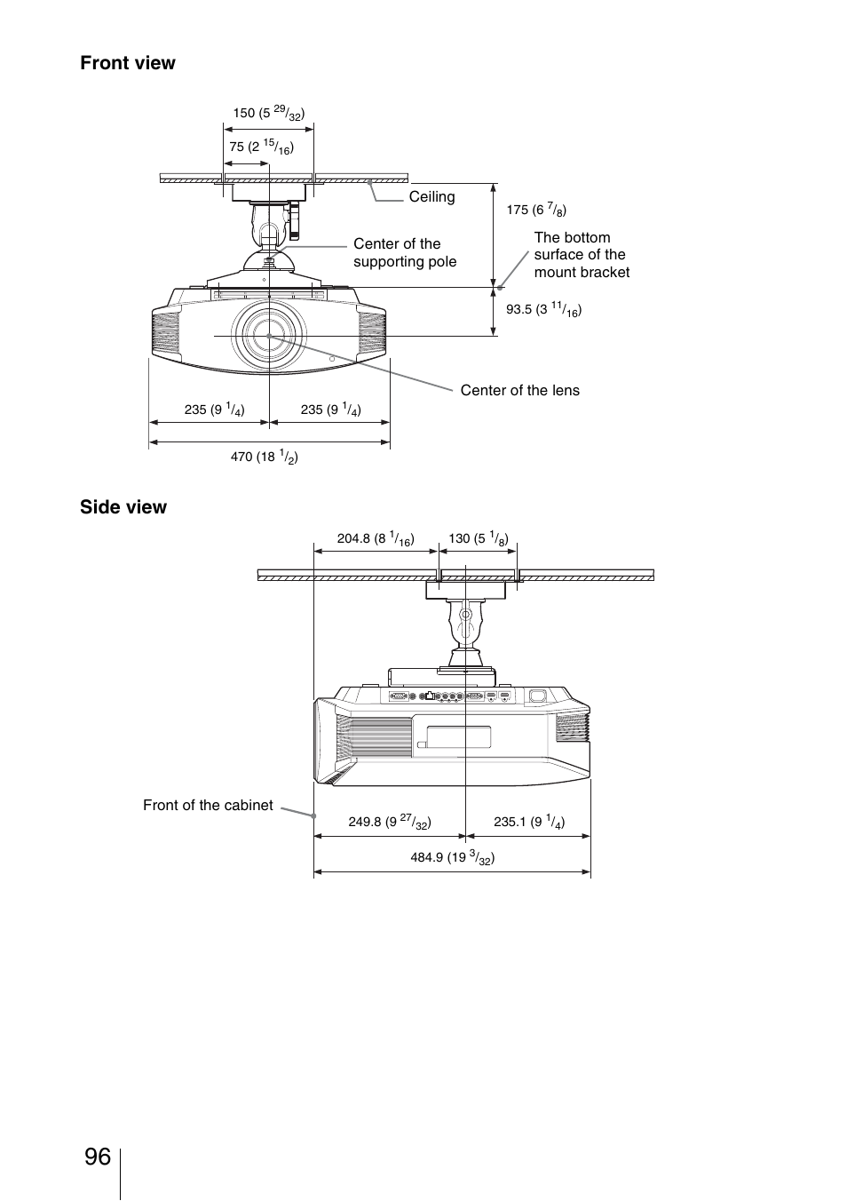 Front view side view | Sony Video Projector VPL-VW90ES User Manual | Page 96 / 100