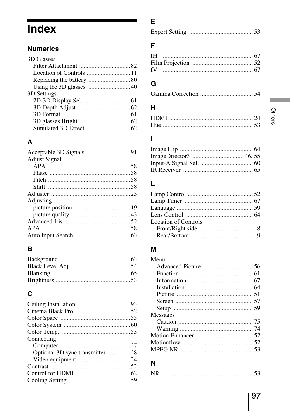 Index | Sony Video Projector VPL-VW90ES User Manual | Page 97 / 100