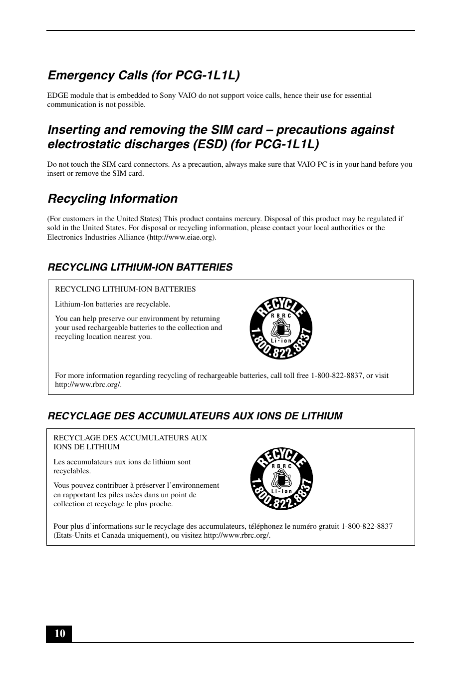 Emergency calls (for pcg-1l1l), Recycling information | Sony VGN-UX300 User Manual | Page 10 / 16