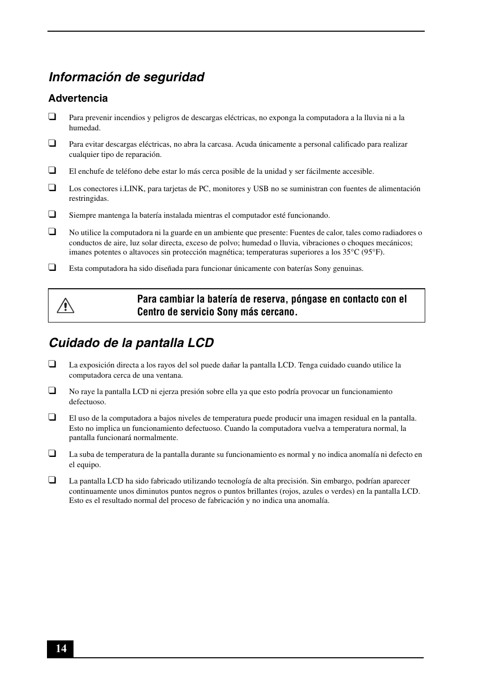 Información de seguridad, Cuidado de la pantalla lcd | Sony VGN-UX300 User Manual | Page 14 / 16