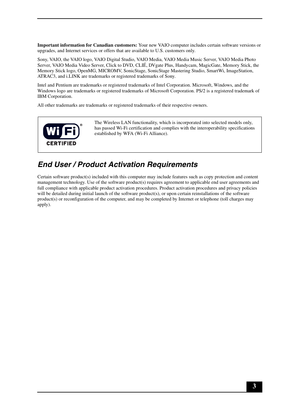 End user / product activation requirements | Sony VGN-UX300 User Manual | Page 3 / 16