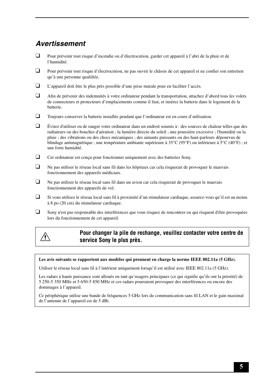 Avertissement | Sony VGN-UX300 User Manual | Page 5 / 16