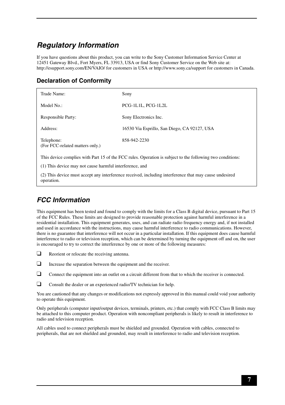 Regulatory information, Fcc information | Sony VGN-UX300 User Manual | Page 7 / 16