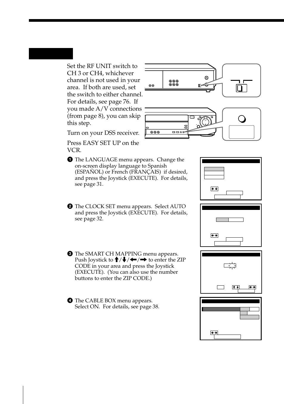 Hookup 5: vcr setup, Step 3: hookups (continued), Turn on your dss receiver | Press easy set up on the vcr, Rf unit, Getting started, Easy set up | Sony SLV-795HF User Manual | Page 24 / 88