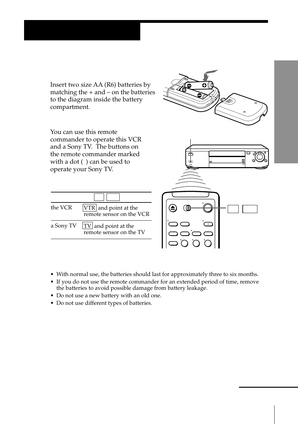 Setting up the remote commander, Step 2, Inserting the batteries | Using the remote commander | Sony SLV-795HF User Manual | Page 5 / 88