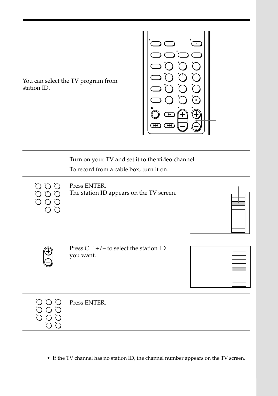 Locating a channel by station id, Basic operations, You can select the tv program from station id | Press ch +/– to select the station id you want, Press enter | Sony SLV-795HF User Manual | Page 57 / 88