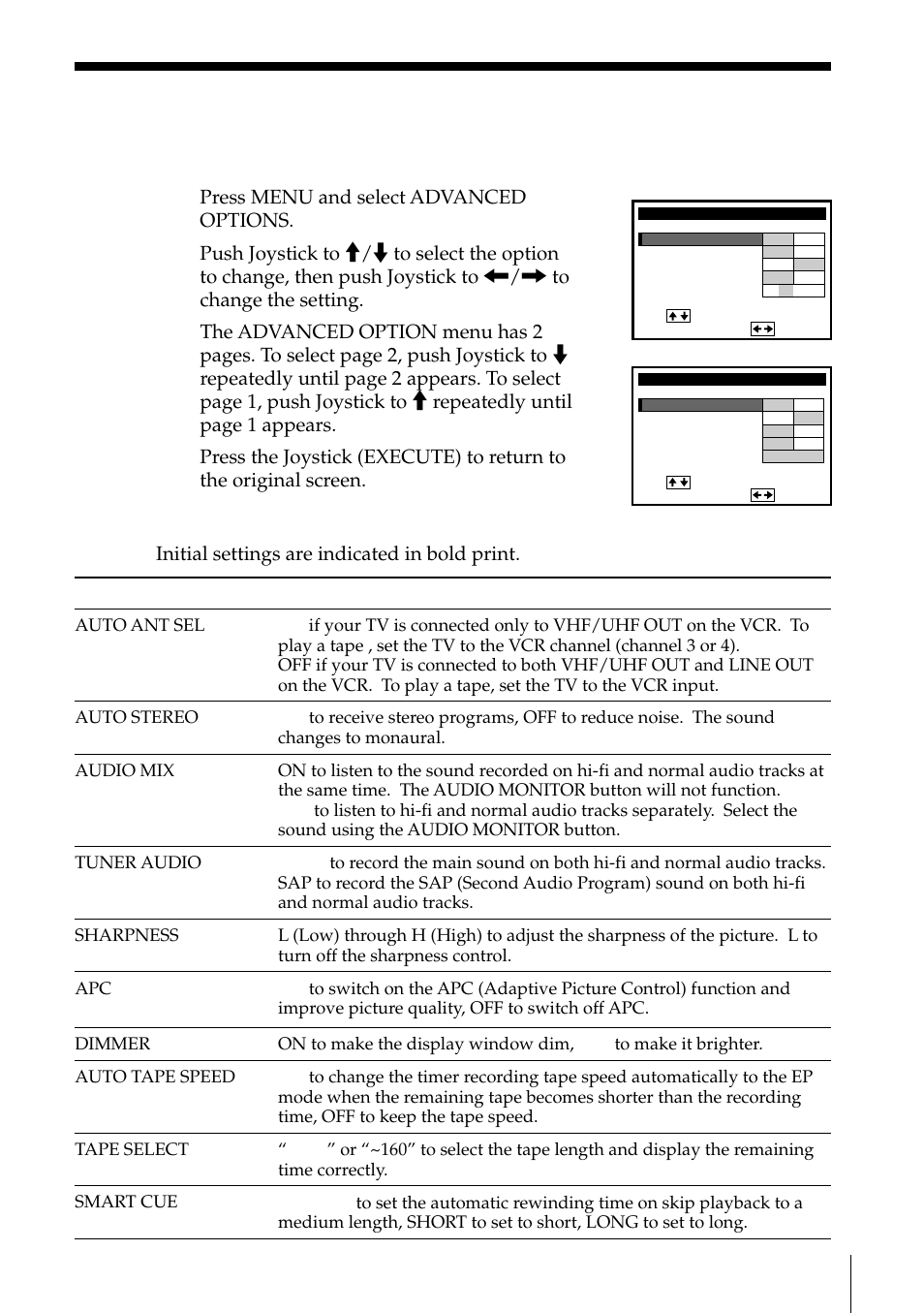 Changing menu options, Press menu and select advanced options | Sony SLV-795HF User Manual | Page 73 / 88