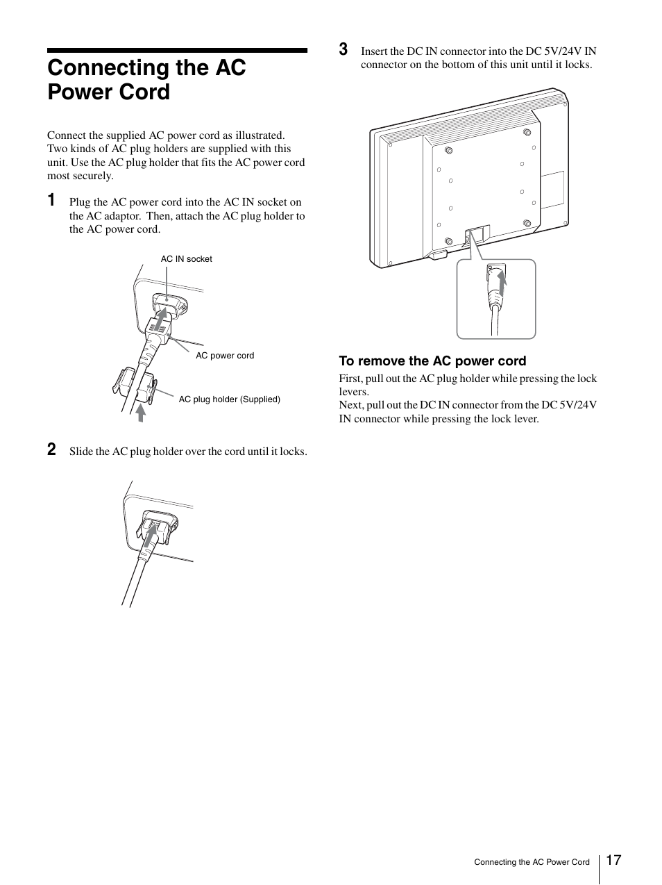 Connecting the ac power cord | Sony LMD-3250MD User Manual | Page 17 / 40