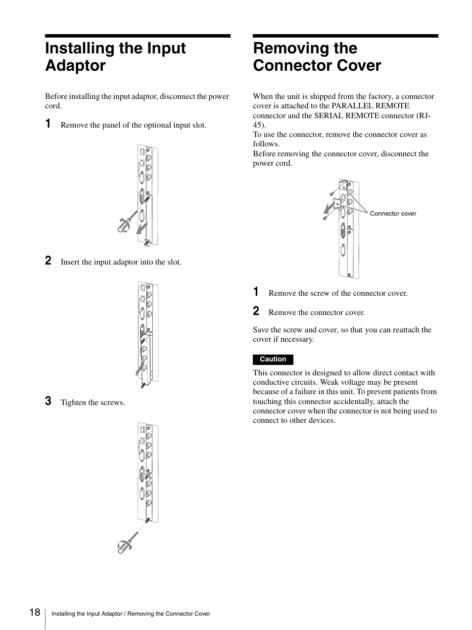 Installing the input adaptor, Removing the connector cover | Sony LMD-3250MD User Manual | Page 18 / 40