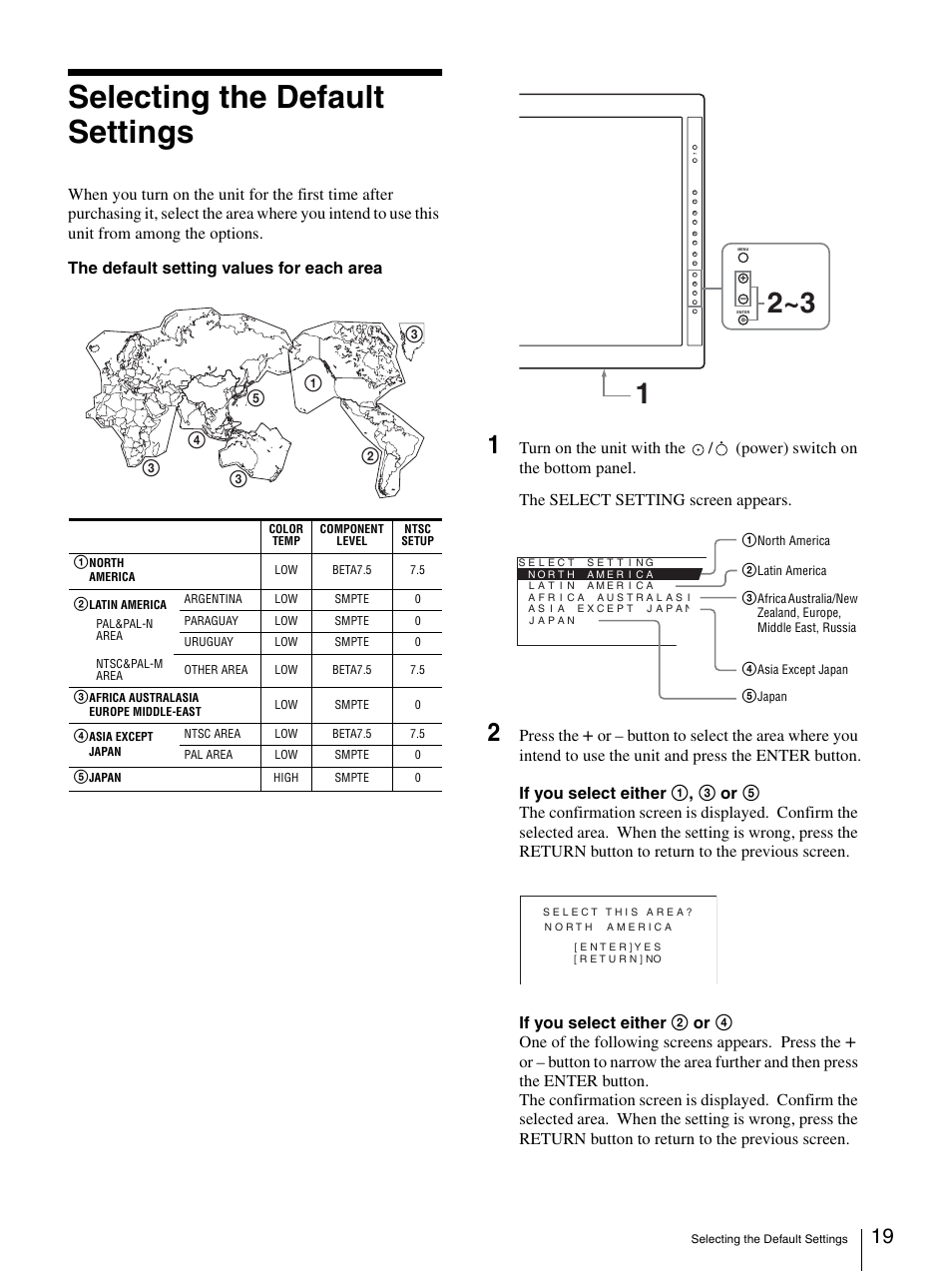 Selecting the default settings, Press the | Sony LMD-3250MD User Manual | Page 19 / 40