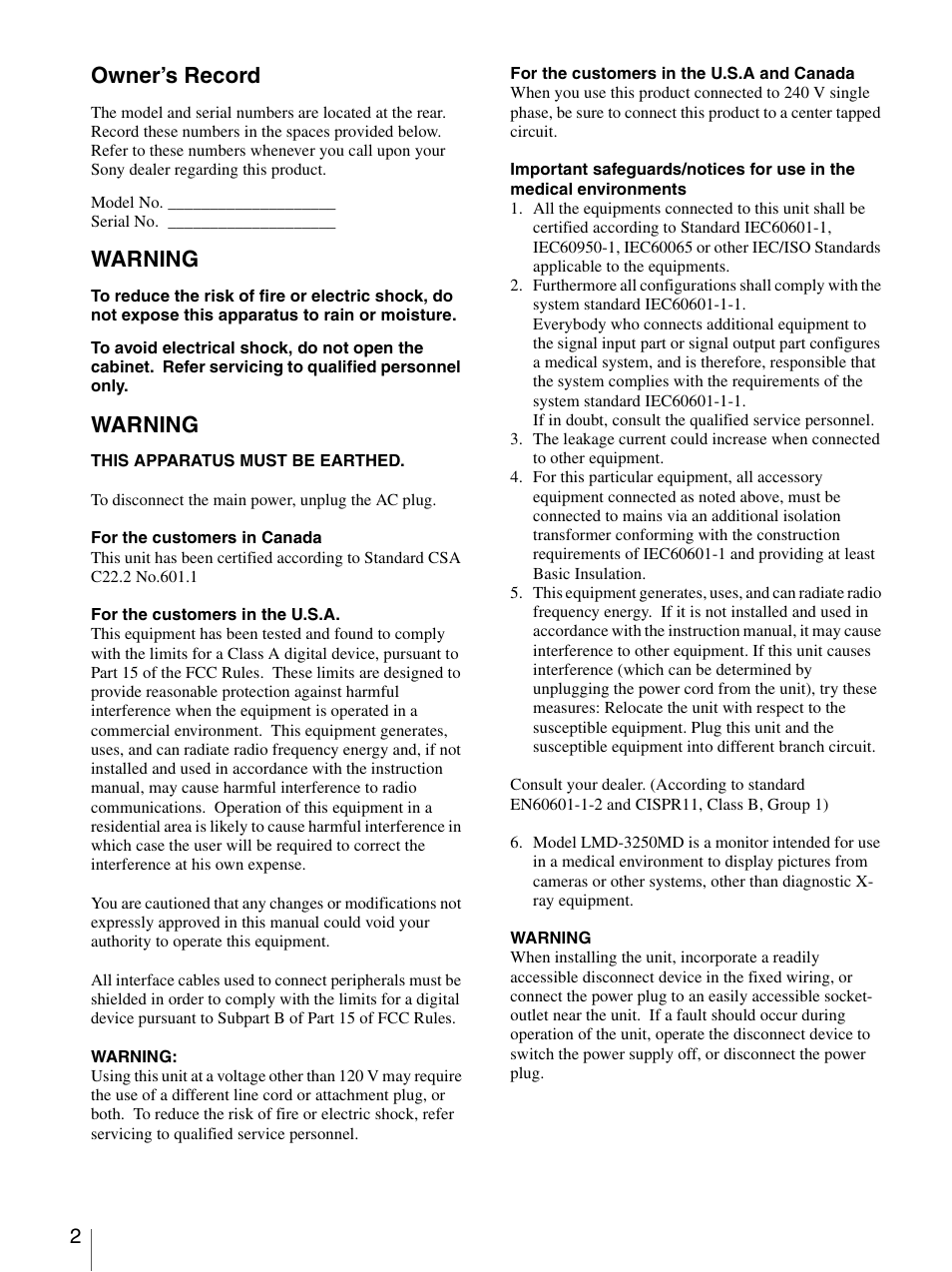 Owner’s record, Warning | Sony LMD-3250MD User Manual | Page 2 / 40