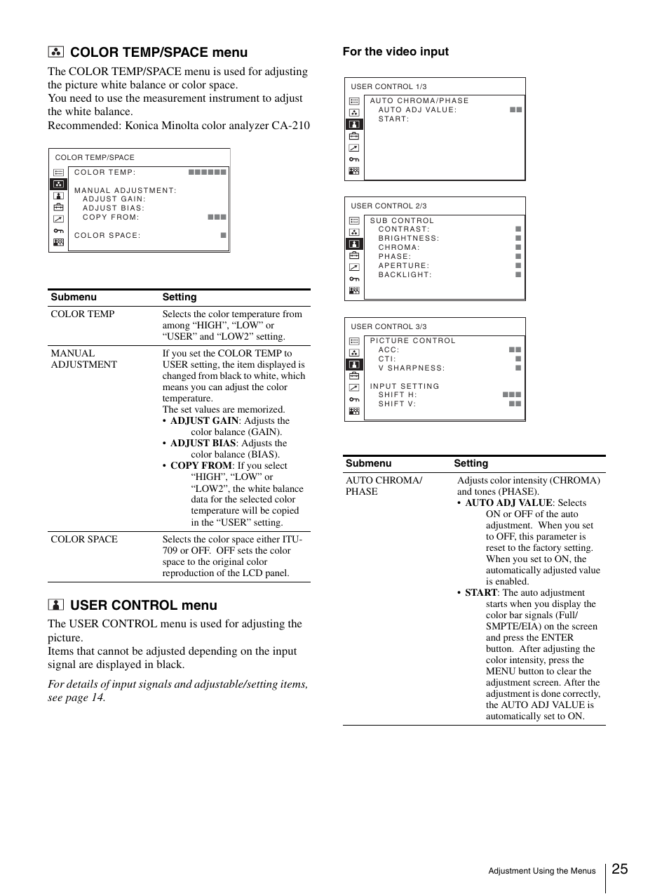 Color temp/space menu, User control menu, Color temp/space menu user control menu | Sony LMD-3250MD User Manual | Page 25 / 40