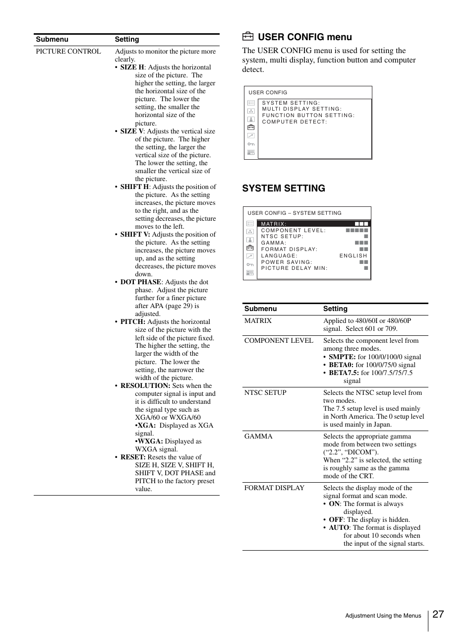 User config menu, System setting | Sony LMD-3250MD User Manual | Page 27 / 40