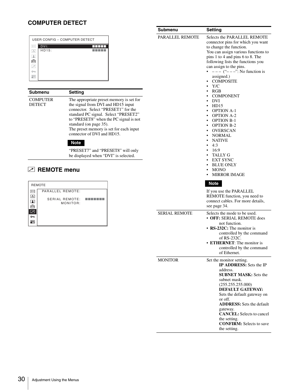 Remote menu, Computer detect remote menu | Sony LMD-3250MD User Manual | Page 30 / 40