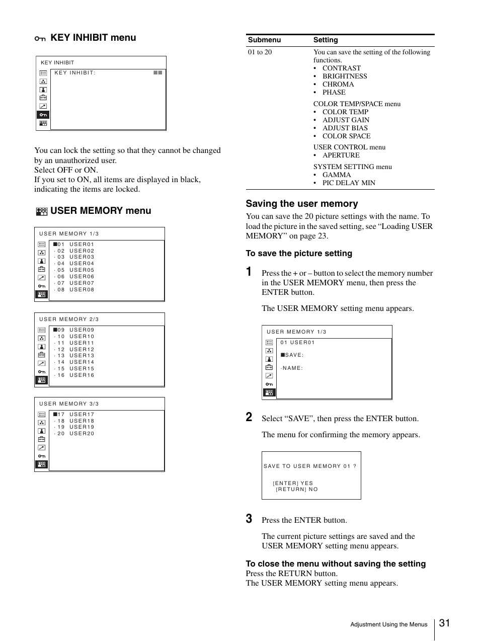 Key inhibit menu, User memory menu, Saving the user memory | Sony LMD-3250MD User Manual | Page 31 / 40