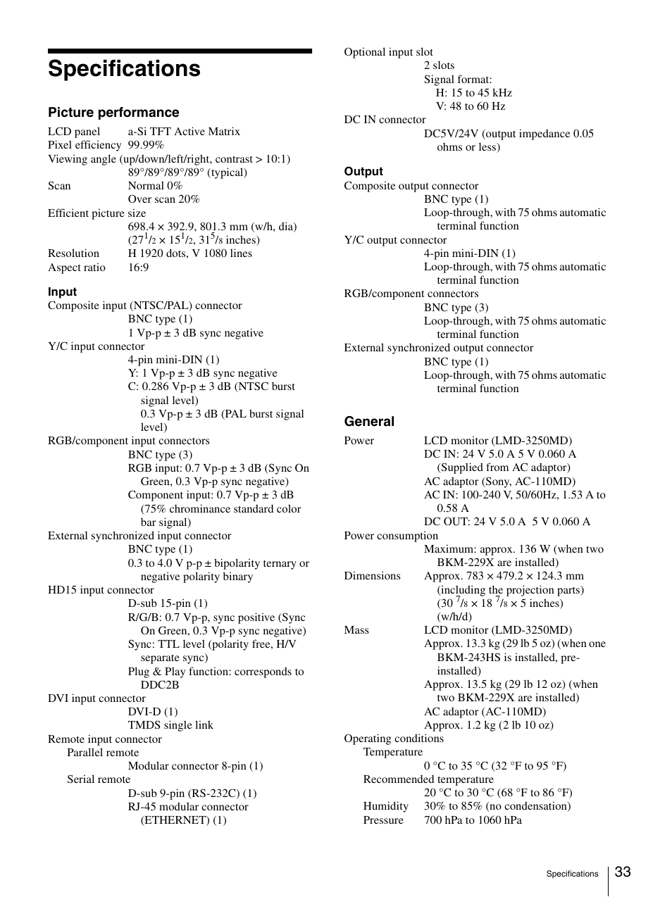 Specifications | Sony LMD-3250MD User Manual | Page 33 / 40