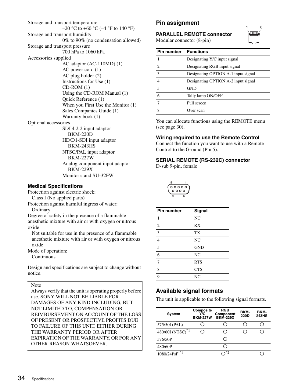 Pin assignment, Available signal formats | Sony LMD-3250MD User Manual | Page 34 / 40