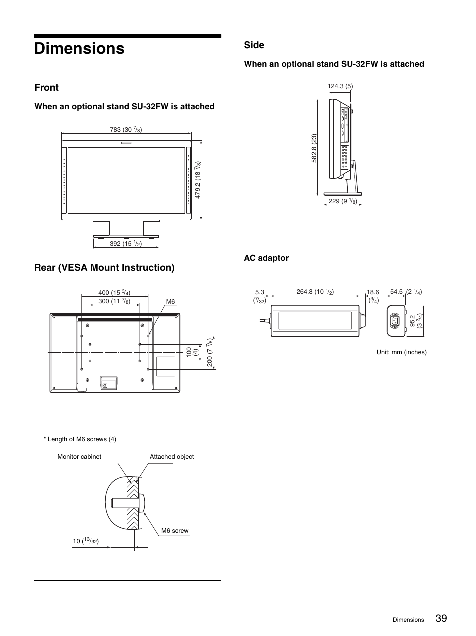 Dimensions, Rear (vesa mount instruction) front, Side | When an optional stand su-32fw is attached, Ac adaptor | Sony LMD-3250MD User Manual | Page 39 / 40