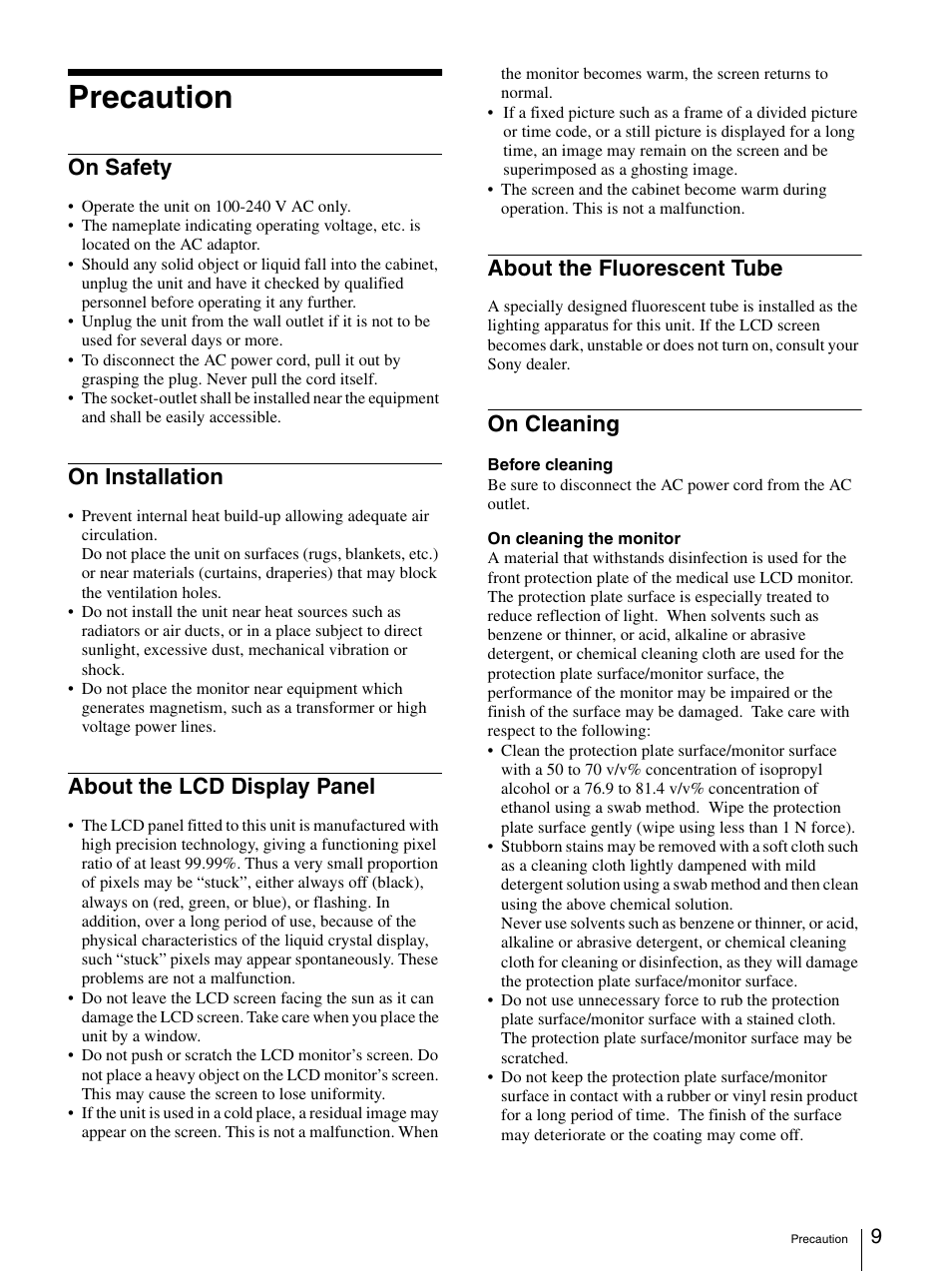 Precaution, On safety, On installation | About the lcd display panel, About the fluorescent tube, On cleaning | Sony LMD-3250MD User Manual | Page 9 / 40