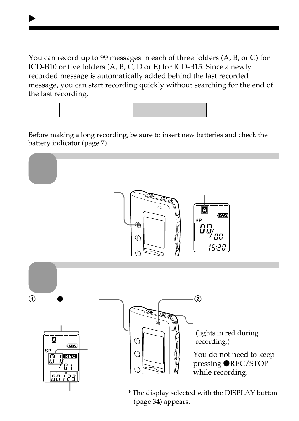 Recording messages, Select the folder, Start recording | Sony ICD-B10 User Manual | Page 10 / 48