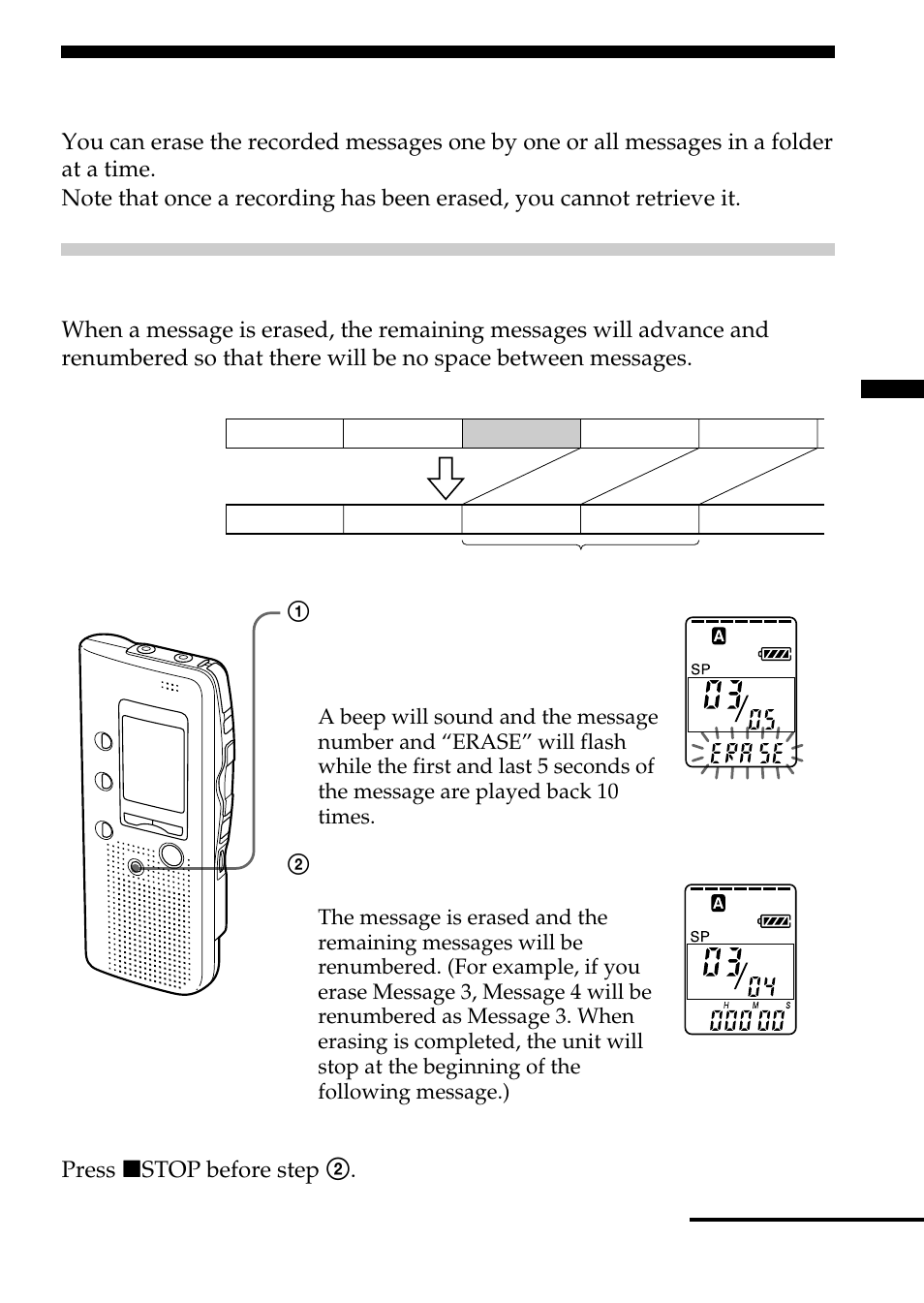 Erasing messages, Erasing messages one by one | Sony ICD-B10 User Manual | Page 19 / 48