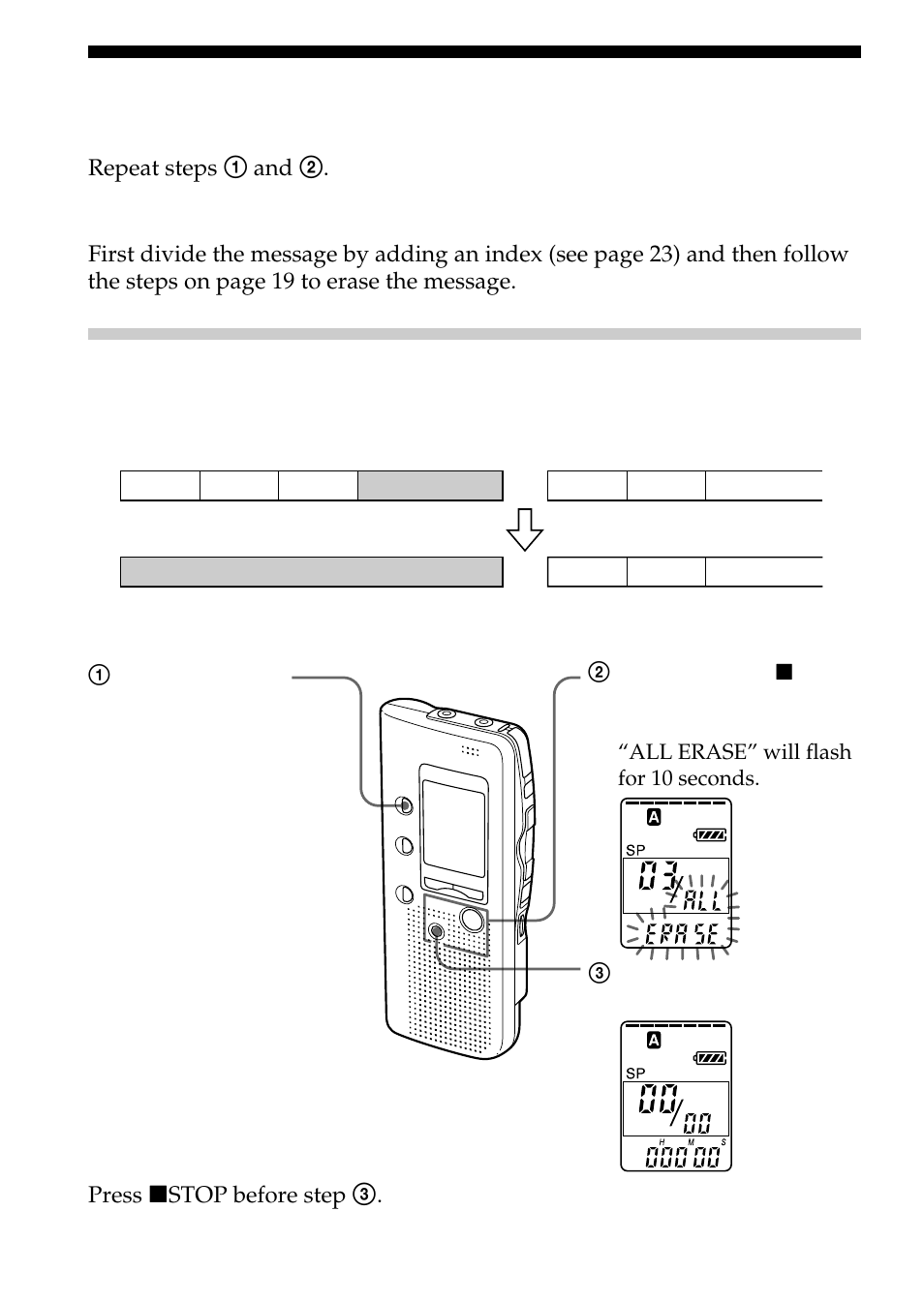 Erasing all messages in a folder, Erasing messages (continued) | Sony ICD-B10 User Manual | Page 20 / 48