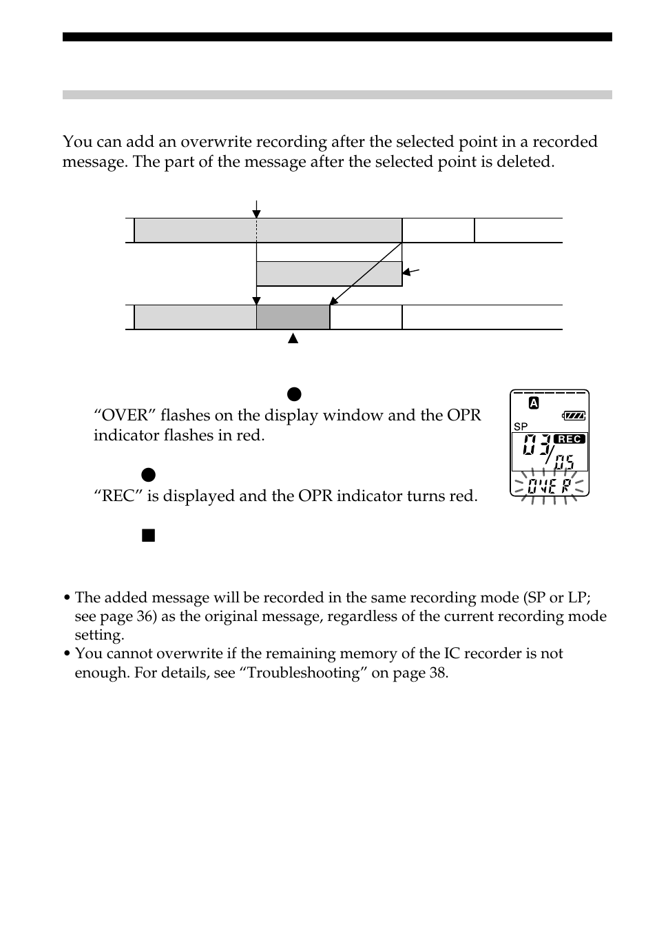 Adding an overwrite recording during playback | Sony ICD-B10 User Manual | Page 22 / 48